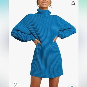 Blue Turtleneck Long Lantern Sleeve Casual Loose Oversized Sweater Dress - L